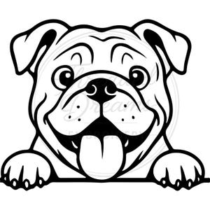 May include: A black and white line drawing of a smiling bulldog. The dog's tongue is sticking out, and its paws are visible at the bottom. The bulldog is smiling and appears friendly.