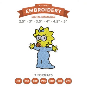 May include: Machine embroidery digital download featuring a cartoon baby with yellow hair and a blue outfit. The design includes the text "MACHINE EMBROIDERY" and sizes from 2.5" to 5". Seven embroidery formats are available.