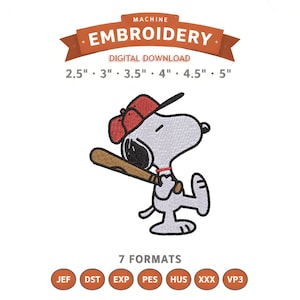 Op de afbeelding: Digitaal machineborduurontwerp van een cartoonhond met een honkbalpet en een knuppel. Verkrijgbaar in de maten 6,35 cm, 7,62 cm, 8,89 cm, 10,16 cm, 11,43 cm en 12,7 cm. Bevat 7 formaten. De tekst luidt "BORDUURWERK".
