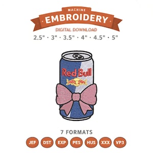 Könnte beinhalten: Ein digitales Stickmuster für Maschinenstickerei, das eine Red Bull-Energiedose mit einer rosa Schleife zeigt. Der Text lautet MACHINE EMBROIDERY, DIGITAL DOWNLOAD, 2.5" · 3" · 3.5" · 4" · 4.5" · 5", 7 FORMATS, JEF, DST, EXP, PES, HUS, XXX, VP3.