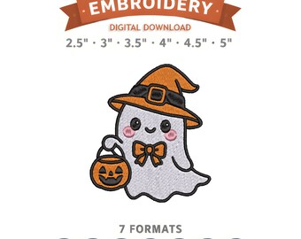 Cute Witch Ghost Embroidery Design File | Digital Download | 6 Sizes & 7 Formats Included