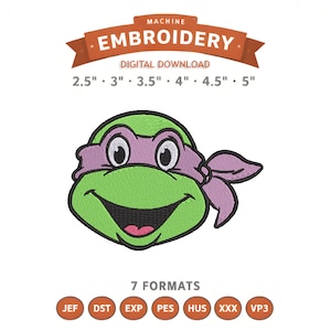 May include: Machine embroidery digital download featuring a cartoon turtle head with a green face, purple mask, and a smiling mouth. The design is available in 2.5", 3", 3.5", 4", 4.5", and 5" sizes, and 7 formats.