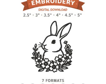 Floral Bunny Embroidery Design File | Digital Download | 6 Sizes & 7 Formats Included