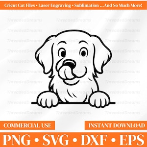 Peut inclure: Une illustration numérique en noir et blanc d'un chiot aux oreilles tombantes, aux grands yeux et à la langue sortie, posant ses pattes avant sur une ligne horizontale. L'image inclut le texte : Cricut Cut Files • Laser Engraving • Sublimation ...And So Much More! COMMERCIAL USE INSTANT DOWNLOAD PNG • SVG • DXF • EPS