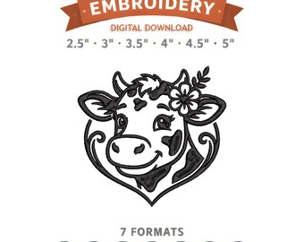 Cute Floral Cow Embroidery Design File | Digital Download | 6 Sizes & 7 Formats Included