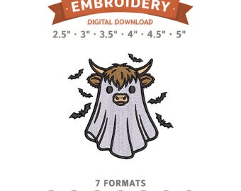 Cute Ghost Highland Cow Embroidery Design File | Digital Download | 6 Sizes & 7 Formats Included