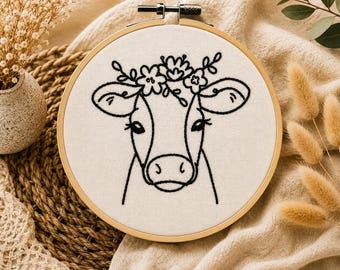 Beautiful Flower Cow Outline Embroidery Hoop Wall Art, 6 Inch Embroidery Decor, Unique Home Decor Gift, Embroidered Wall Hanging
