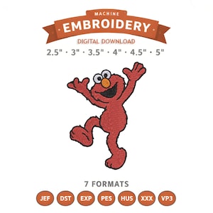 Może przedstawiać: Cyfrowe pobieranie haftu maszynowego przedstawiające czerwoną postać z kreskówki z szerokim uśmiechem i uniesionymi ramionami. Projekt jest dostępny w wielu rozmiarach, od 6,35 cm do 12,7 cm, i w 7 formatach. Tekst "MACHINE EMBROIDERY" jest wyświetlany powyżej.