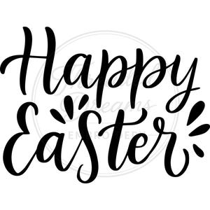 May include: Black cursive text on a white background reads "Happy Easter." The words are in a flowing script with decorative flourishes. The design is suitable for Easter-themed crafts, decorations, or digital art projects.