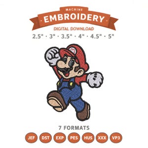 May include: Machine embroidery digital download featuring a cartoon character in a red hat and blue overalls. The design is available in 7 formats and various sizes, ranging from 2.5" to 5". The text "MACHINE EMBROIDERY" is displayed at the top.