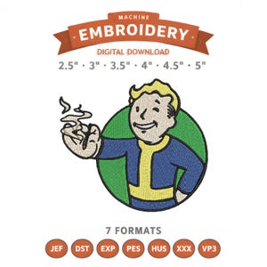 May include: Machine embroidery digital download featuring a cartoon character with a cigarette, inside a green circle. The character is wearing a blue and yellow outfit. The design is available in 7 formats and various sizes from 2.5" to 5".