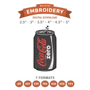 Puede incluir: Diseño de bordado a máquina de una lata de Coca-Cola Zero. El diseño incluye el logotipo de Coca-Cola Zero en rojo y blanco sobre una lata negra. El diseño está disponible en varios tamaños, de 6,35 cm a 12,7 cm.
