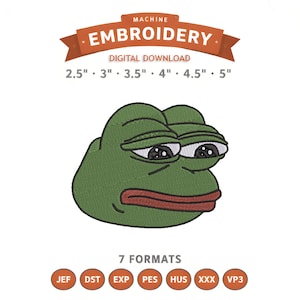 May include: Green embroidered frog face design with sad eyes and a red mouth. The design is available in multiple sizes, ranging from 6.35 cm to 12.7 cm. The image includes the text "MACHINE EMBROIDERY" and "DIGITAL DOWNLOAD".