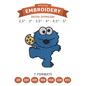 以下が含まれることがあります： クッキーを持った青い漫画のキャラクターのデジタル刺繍デザイン。サイズは6.35cmから12.7cmまで、7つのフォーマットで利用できます。「MACHINE EMBROIDERY DIGITAL DOWNLOAD」の文字が上部に表示されています。