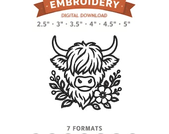 Floral Highland Cow Embroidery Design File | Digital Download | 6 Sizes & 7 Formats Included