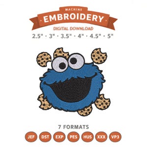 Op de afbeelding: Digitaal machineborduurontwerp van een blauw monster met grote ogen en een brede glimlach, omringd door koekjes. Het ontwerp bevat de tekst "MACHINE EMBROIDERY" en maten van 6,35 cm tot 12,7 cm.