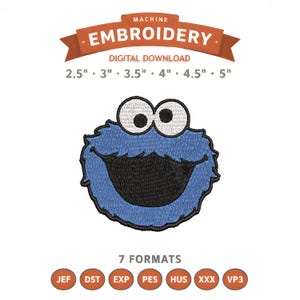 Könnte beinhalten: Digitaler Download für Maschinenstickerei mit einem blauen Monster mit großen Augen und einem breiten Lächeln. Das Design ist in verschiedenen Größen von 6,35 cm bis 12,7 cm erhältlich. Enthält 7 Stickformate.