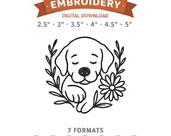 Floral Dog Outline Embroidery Design File | Digital Download | 6 Sizes & 7 Formats Included