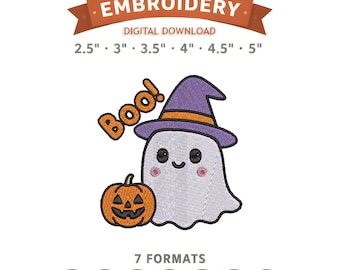 Boo Ghost With Witch Hat Embroidery Design File | Digital Download | 6 Sizes & 7 Formats Included