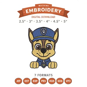Peut inclure: Téléchargement numérique de broderie machine avec un chien de police de dessin animé en uniforme bleu. Le motif comprend le texte "MACHINE BRODERIE" et des tailles de 6,35 cm à 12,7 cm. Comprend 7 formats: JEF, DST, EXP, PES, HUS, XXX et VP3.