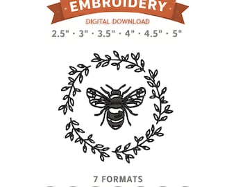 Bee Wreath Embroidery Design File | Digital Download | 6 Sizes & 7 Formats Included