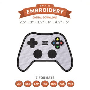 May include: A digital embroidery design of a video game controller. The design is light gray with black accents and colorful buttons. The text "MACHINE EMBROIDERY DIGITAL DOWNLOAD" is at the top, with sizes from 2.5" to 5". Includes 7 formats.