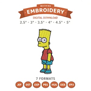 May include: Digital embroidery design featuring Bart Simpson in a red shirt and blue shorts. The design is available in multiple sizes, ranging from 2.5 inches to 5 inches, and 7 different formats. The design is a digital download.