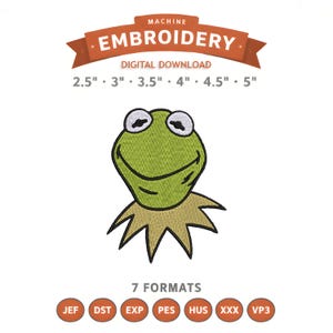 Puede incluir: Descarga digital de bordado a máquina con un diseño de rana verde. El diseño está disponible en varios tamaños, de 6,35 cm a 12,7 cm, e incluye 7 formatos. El texto "BORDADO A MÁQUINA" se muestra en la parte superior.
