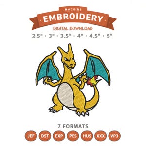 May include: Digital embroidery design of a yellow dragon with teal wings and a fiery tail. Available in sizes from 6.35 cm to 12.7 cm, and in 7 formats. The design includes the text "MACHINE EMBROIDERY" and "DIGITAL DOWNLOAD".