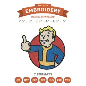 May include: Machine embroidery digital download featuring a cartoon character winking and giving the middle finger. The design is in a red circle with blue and yellow accents. Includes sizes from 2.5" to 5" and 7 formats.