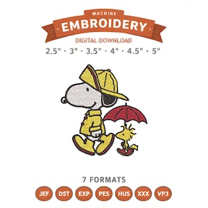 May include: Machine embroidery digital download featuring Snoopy and Woodstock in yellow rain gear under a red umbrella. The design is available in sizes from 6.35 cm to 12.7 cm and 7 formats. The text "MACHINE EMBROIDERY" is at the top.