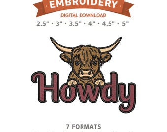 Howdy Highland Cow Embroidery Design File | Digital Download | 6 Sizes & 7 Formats Included