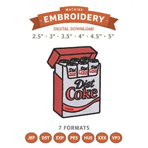 Puede incluir: Diseño de bordado a máquina que presenta un paquete de Diet Coke con seis latas. El diseño incluye el texto "Diet Coke" y los tamaños 6,35 cm, 7,62 cm, 8,89 cm, 10,16 cm, 11,43 cm y 12,7 cm. Descarga digital.