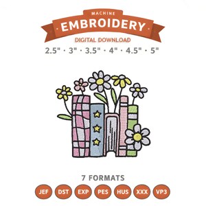 Broderidesignfil med blommig bok | Digital nedladdning | 6 storlekar och 7 format ingår