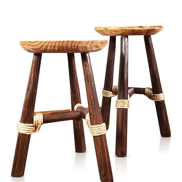 Handmade Solid wood Accent Stool with Unique Rope bindings/Plant  Stand/Accent  Table/Wood Stool For Living Room, Bathroom