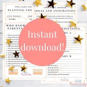 May include: A pink and white printable twin baby shower game with the text "Who Know Parents" and "Predictions by A" and "Baby B". The game is designed to help guests guess answers to questions about the parents of the twins.