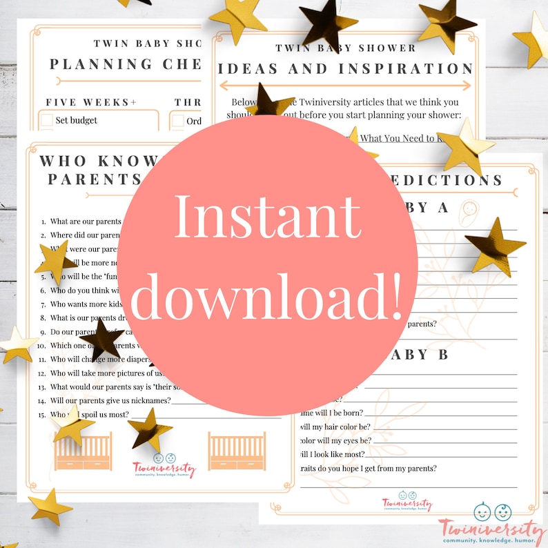 May include: A pink and white printable twin baby shower game with the text "Who Know Parents" and "Predictions by A" and "Baby B". The game is designed to help guests guess answers to questions about the parents of the twins.
