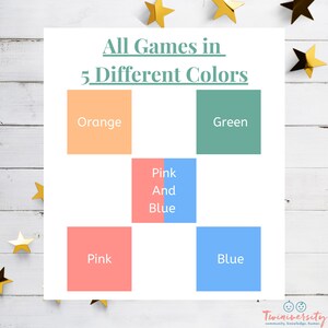 May include: A chart with the text "All Games in 5 Different Colors" at the top. The chart is divided into five squares, each with a different color: orange, green, pink, blue, and a combination of pink and blue.