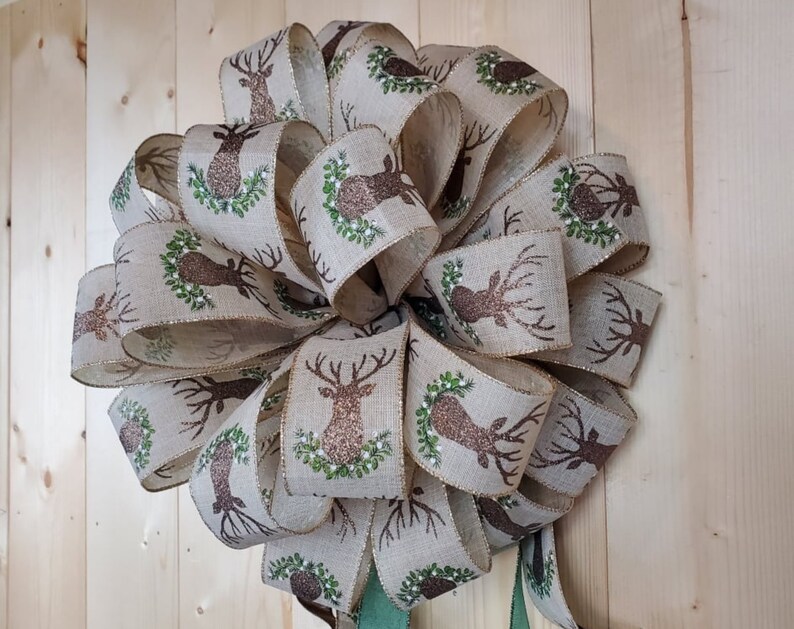 Rustic Tree Topper Bow, XL Christmas Bow for Tree, Deer Tree Topper Bow