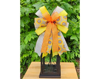 Cabana Stripe Sunflower Bow, Autumn Wreath Bow, Fall Farmhouse Bow, Sunflower Fall Bow, Harvest Lantern Bow, Fall Mailbox Bow, Outdoor Fall