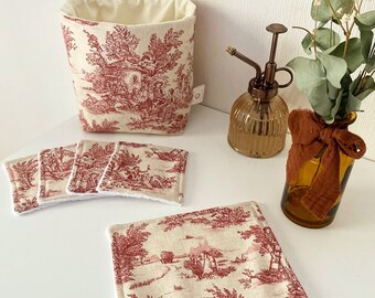 Coffret soins visage toile de Jouy: 4 lingettes lavables 10x10cm, 1 serviette visage et 1 panière de rangement