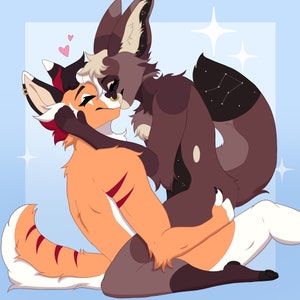 May include: Digital illustration of two anthropomorphic foxes in a loving embrace. One fox is orange with red stripes, the other is brown with a starry pattern on its tail. The background is light blue with white star accents.