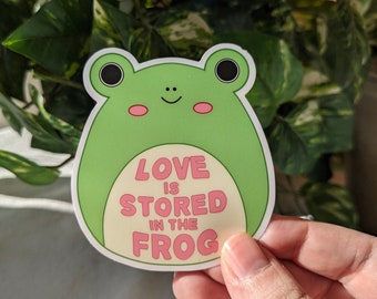 Cute Frog Vinyl Sticker - "Love Is Stored" 3 Inch Decal