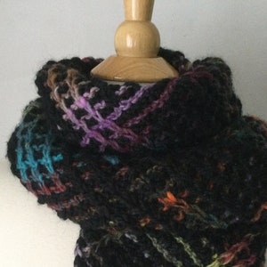 Plaid Slip Stitch Scarf: Hand Knit Scarf - Noro Ito Yarn paired with a lush Black Alpaca and Wool - Black, Turquoise, Orange and Purple