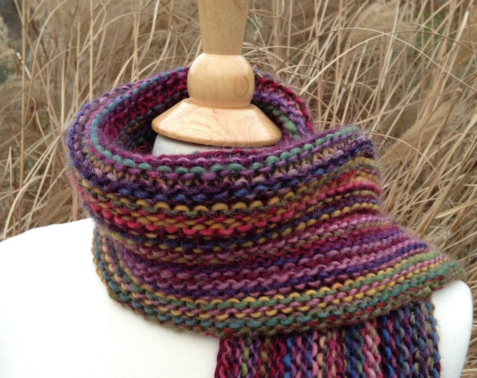 Esmeralda - Hand knit Scarf - Wool Blend - Red, Blue, Yellow, Green, Purple, Lavender, Pink - Fringed