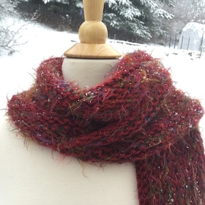 Noelle: Hand-knit Scarf - Christmas Scarf - Wool and Alpaca with Novelty Yarn accents - Fringed - Red, Green, Blue and Gold