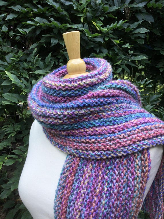 Cotton Candy - Allergy-free Acrylic Scarf - Hand Knit - Fringed - Sky Blue, Lavender, Jade, Pink and Butter Yellow