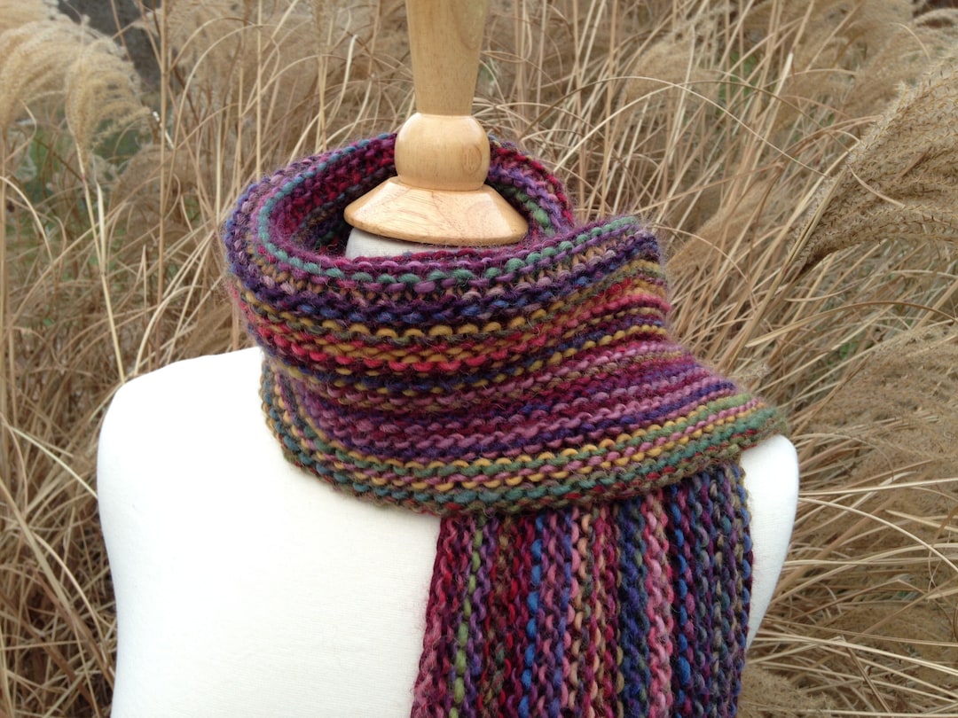 Esmeralda - Hand Knit Scarf - Wool Blend - Red, Blue, Yellow, Green ...