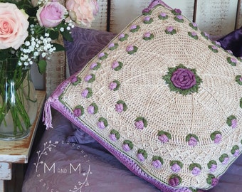 Crochet Pattern: Lyns Rose Garden Pillow, crochet rose pillow, crochet rose cushion, crochet roses, crochet large pillow