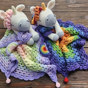Crochet pattern: Sleepy Rainbow Unicorn Lovey Blanket, soft snuggler toy, amigurumi lovey comfort blanket, newborn gift, baby shower gift